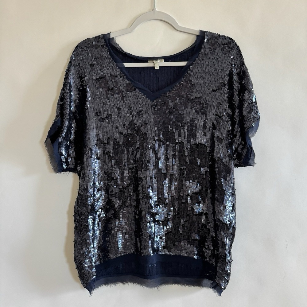 Joie Navy Blue 100% Silk Sequin V Neck Top Short Sleeve Med New Year's Holiday